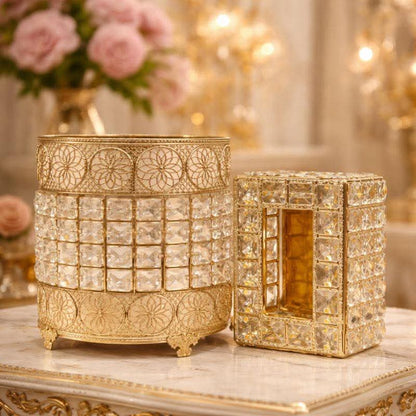 Floral Crystal Print Round Nug Bin & Tissue Box – Gold (Random Design)