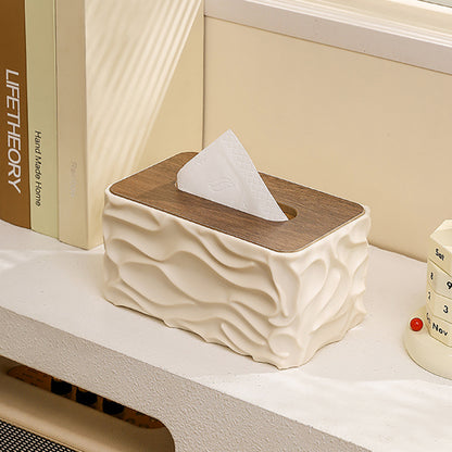 Luxury Wave Texture Tissue Box Cover with Wooden Lid – Premium Decorative Tissue Holder for Home & Office