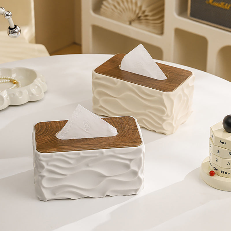 Luxury Wave Texture Tissue Box Cover with Wooden Lid – Premium Decorative Tissue Holder for Home & Office