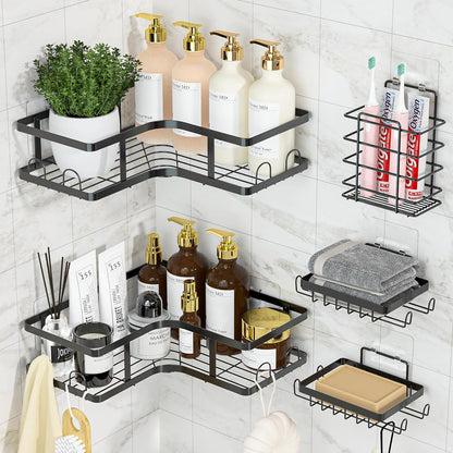 Set Of 5 Mesh Shower Shelves, Multipurpose Wall Storage Racks Stainless Steel Bathroom Corner Baskets