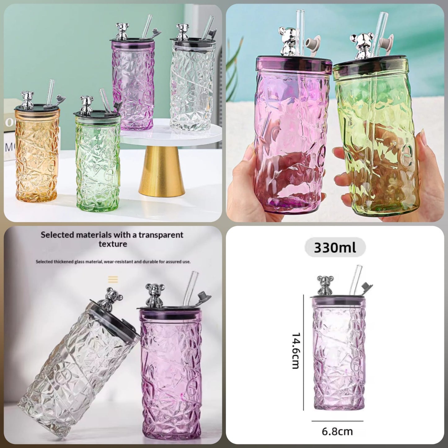 Luxury Bear Cap Transparent Glass Water Cup & Coffee Cup With Lid And Straw, European Style Vintage Milk Cup