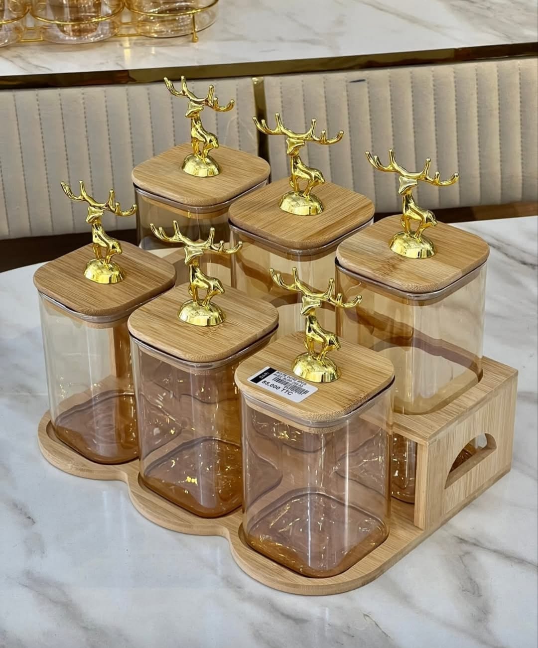 luxury Deer Top Bamboo Stand with Glass Spice Jars Set