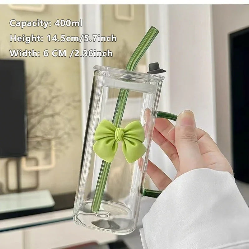 Square Glass Tumbler with Double Bows & Straw – Elegant Drinkware