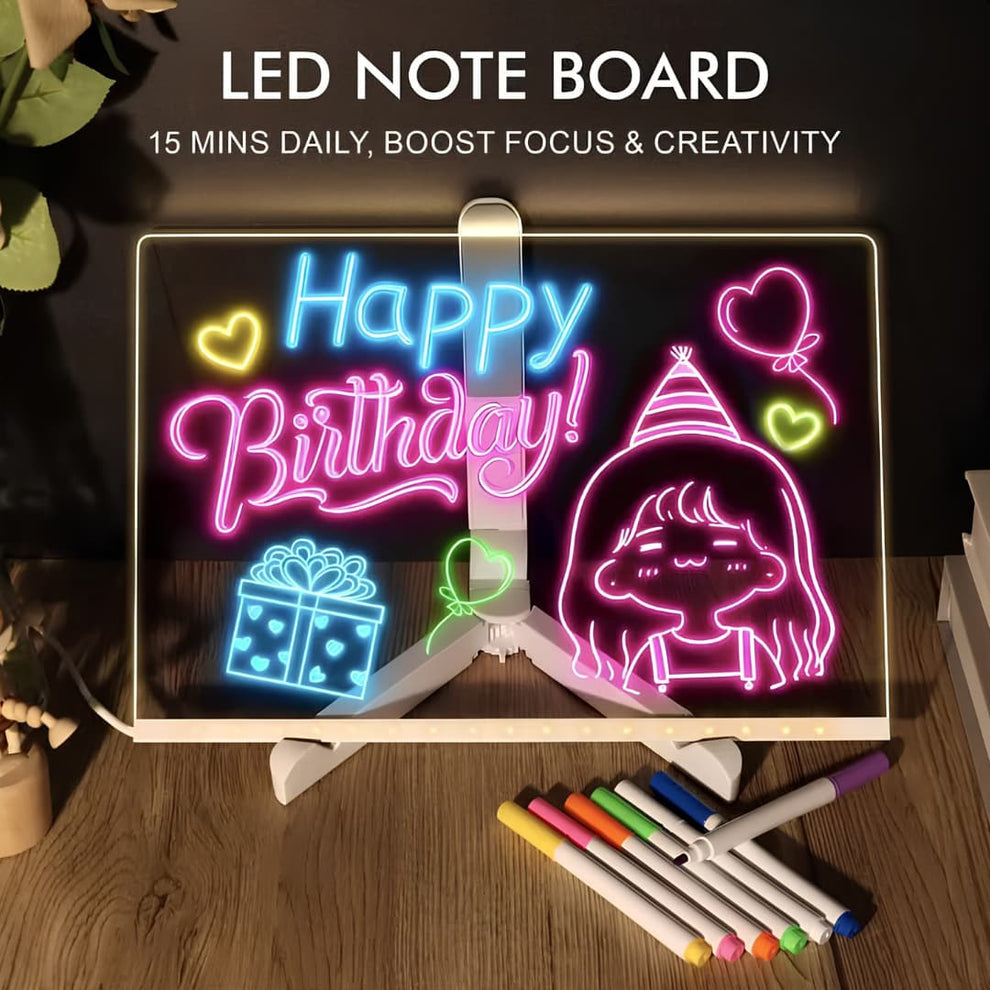 Magic Glowing LED Acrylic Writing Board- 7 Neon Markers – USB Light-Up