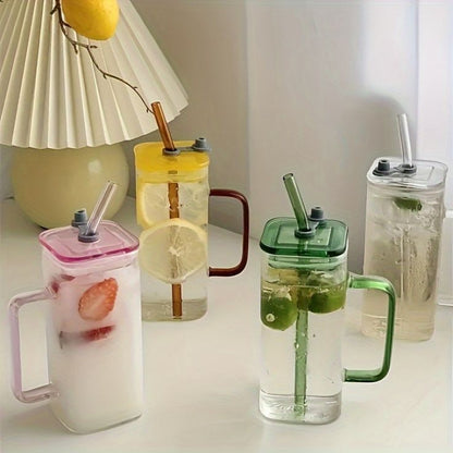 Square Glass Cup With Acrylic Lid and Straw