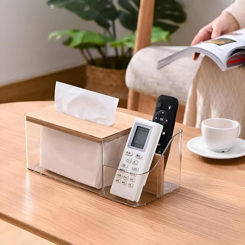 ClearView Wooden Lid Tissue Box with Dual Compartments