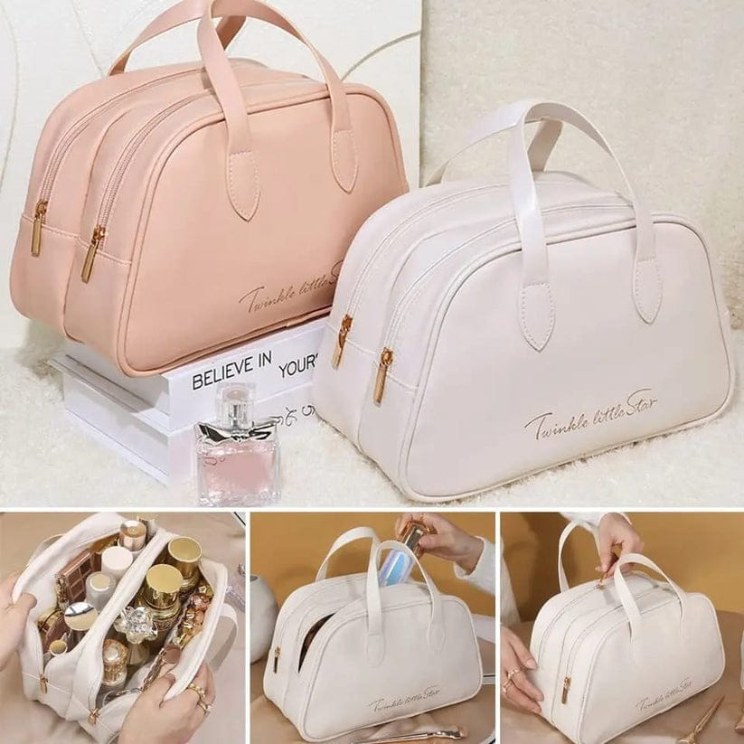 PU Leather Double Layer Travel Cosmetics Storage Bag