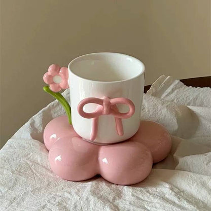Luxury Floral Ceramic Coffee Cup with Bow Design & Decorative Stand