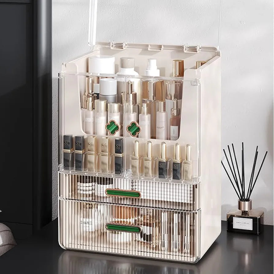 Large Dustproof Waterproof Makeup Organizer, Display Case with Drawers