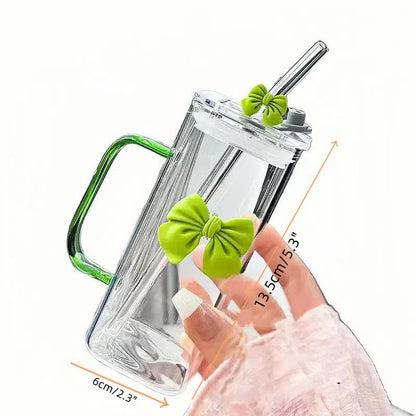 Square Glass Tumbler with Double Bows & Straw – Elegant Drinkware