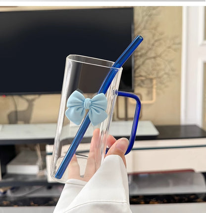 Square Glass Tumbler with Double Bows & Straw – Elegant Drinkware