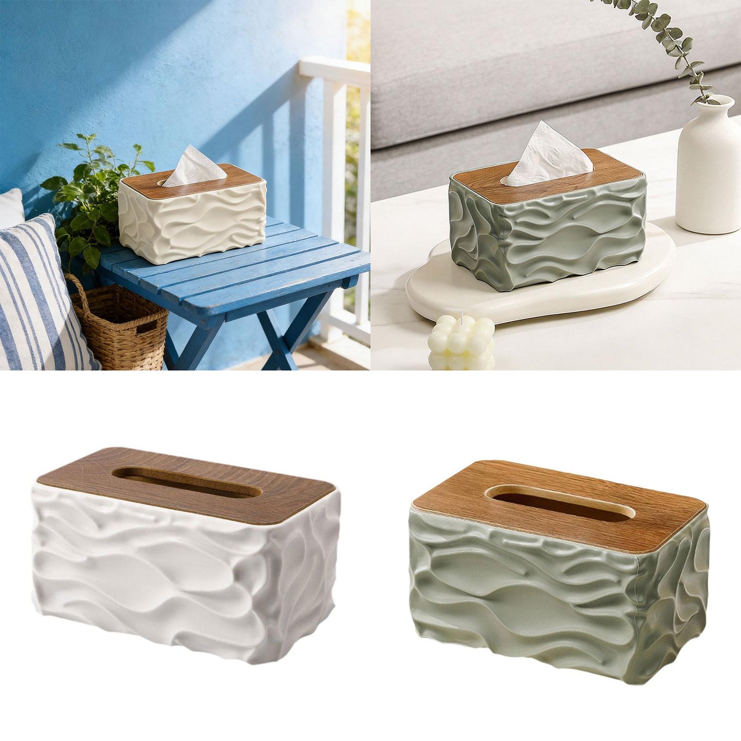 Luxury Wave Texture Tissue Box Cover with Wooden Lid – Premium Decorative Tissue Holder for Home & Office