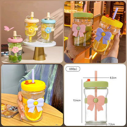 Big Bow Glass Cup With Straw