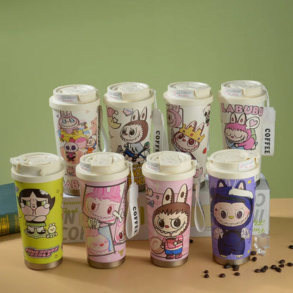 Labubu Cute Cartoon Coffee Thermos  Leakproof Portable Travel Mug with Lid