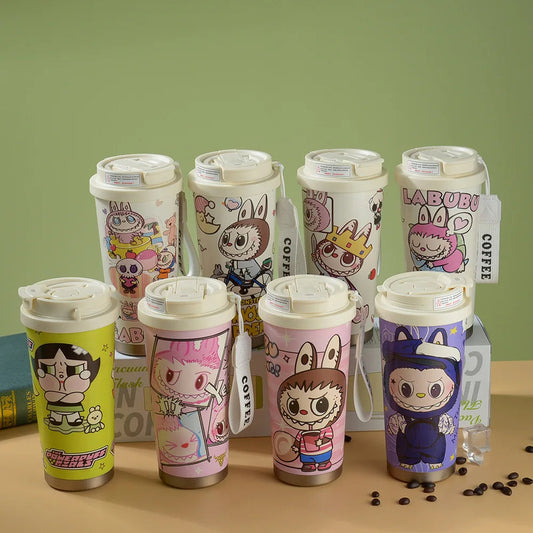 Labubu Cute Cartoon Coffee Thermos  Leakproof Portable Travel Mug with Lid