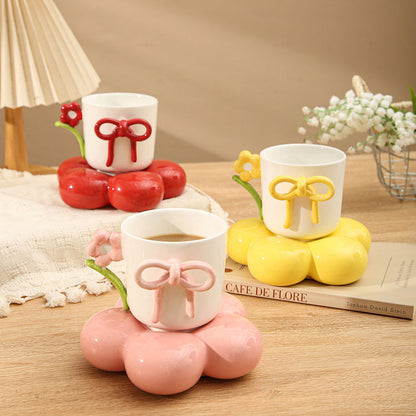 Luxury Floral Ceramic Coffee Cup with Bow Design & Decorative Stand