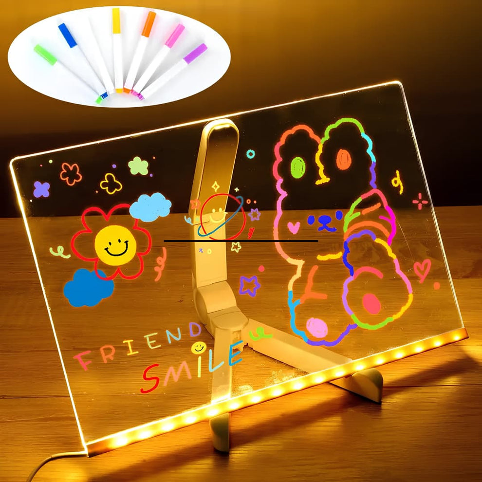 Magic Glowing LED Acrylic Writing Board- 7 Neon Markers – USB Light-Up