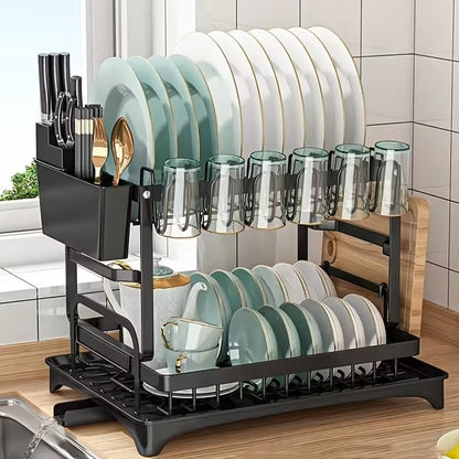 2 Tier Black Dish Drainer Rack With Glass Holder Rust proof
