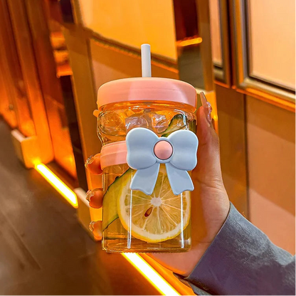 Big Bow Glass Cup With Straw