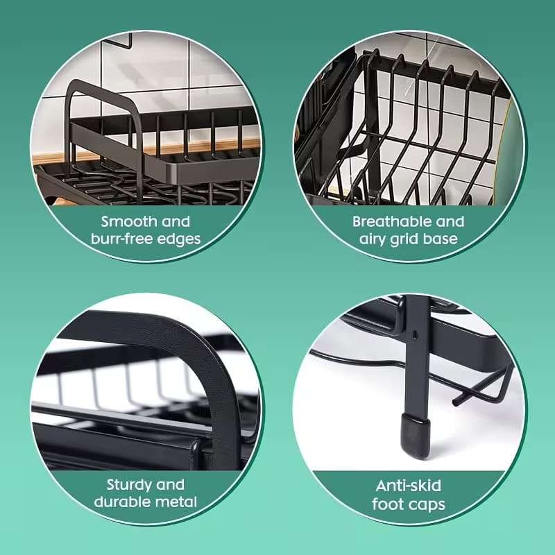 2 Tier Black Dish Drainer Rack With Glass Holder Rust proof