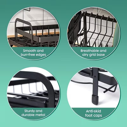 2 Tier Black Dish Drainer Rack With Glass Holder Rust proof