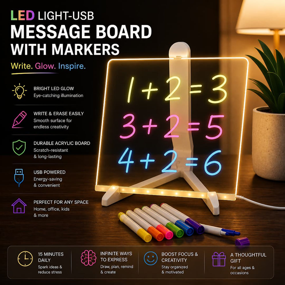 Magic Glowing LED Acrylic Writing Board- 7 Neon Markers – USB Light-Up