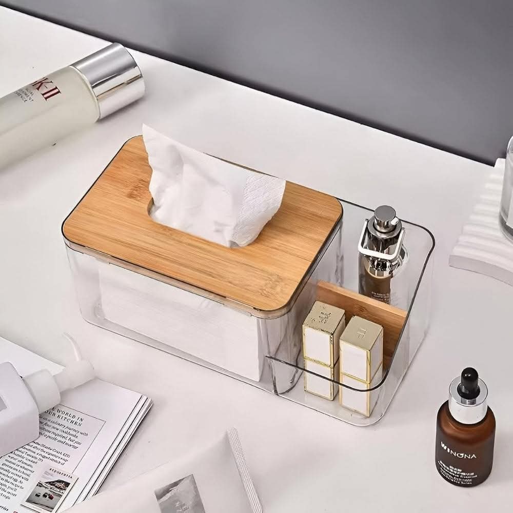 ClearView Wooden Lid Tissue Box with Dual Compartments