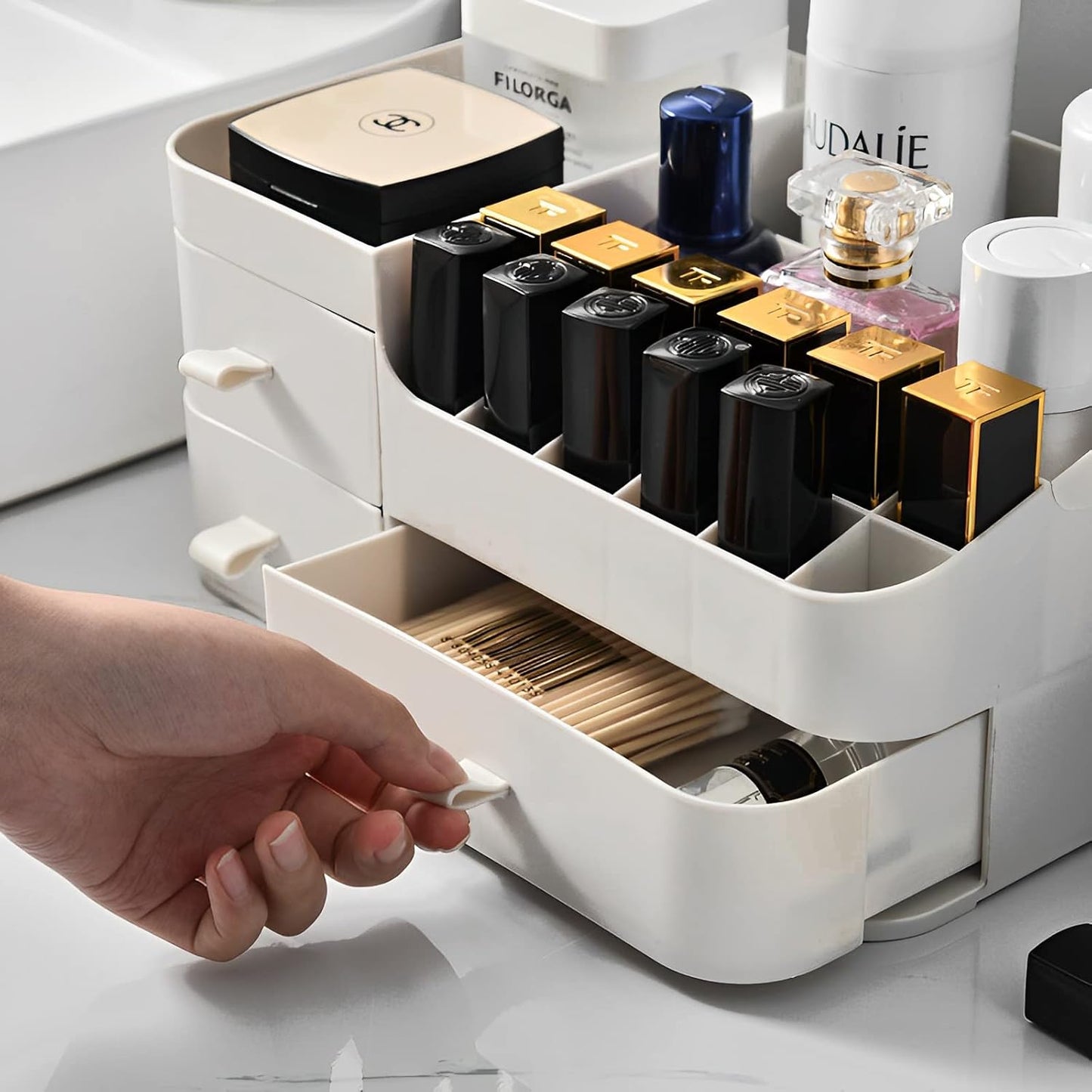Luxury Desktop Cosmetic Box Multiple Drawers & Lipstick Slots Organize Vanity.