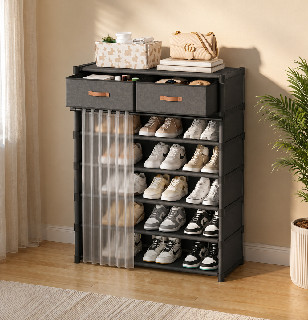 Double Drawer Curtain Shoe Rack Premium Heavy Quality