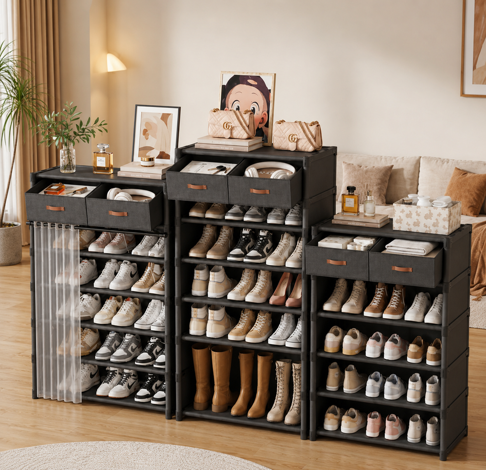 Double Drawer Curtain Shoe Rack Premium Heavy Quality