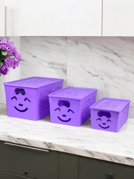 3-Piece Set Of Purple Smiley Toys Storage Baskets With Lids