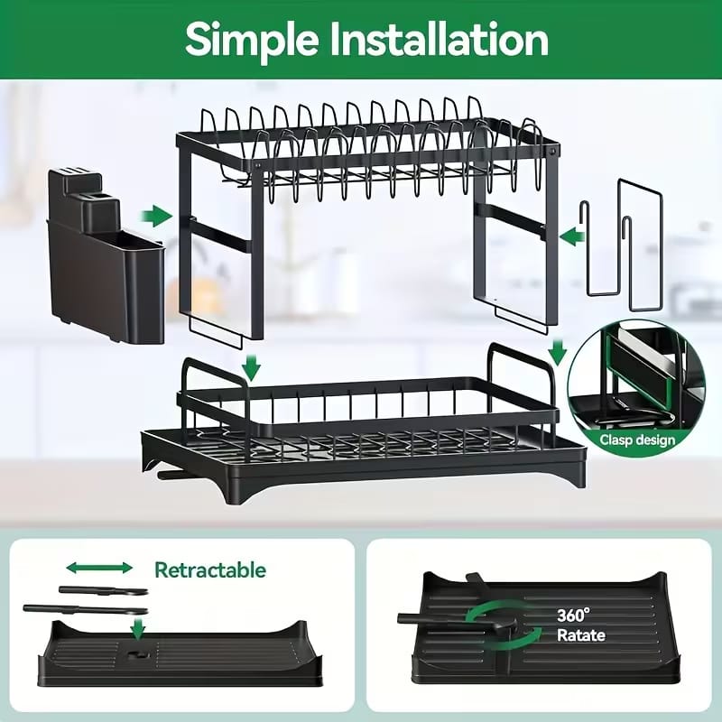 2 Tier Black Dish Drainer Rack With Glass Holder Rust proof