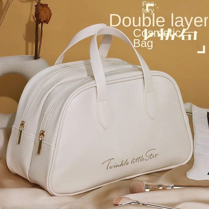 PU Leather Double Layer Travel Cosmetics Storage Bag