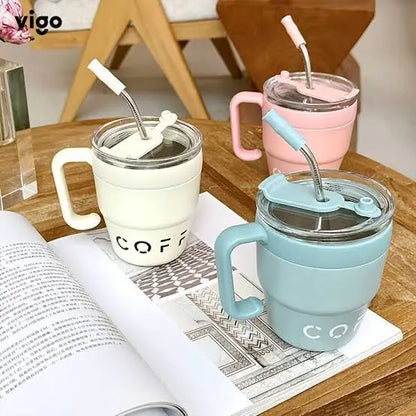 480ML Stainless Steel Coffee Mug with Straw