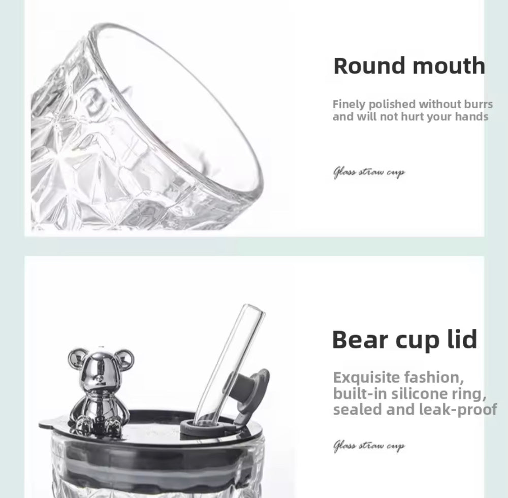 Luxury Bear Cap Transparent Glass Water Cup & Coffee Cup With Lid And Straw, European Style Vintage Milk Cup