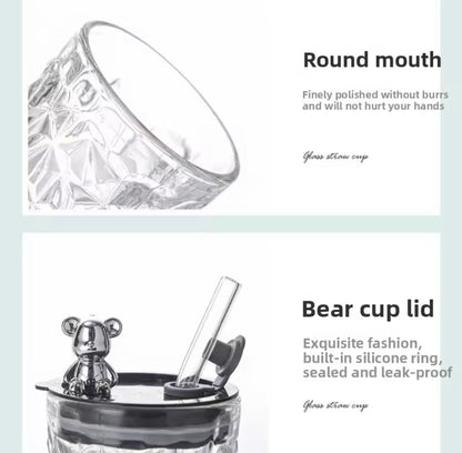 Luxury Bear Cap Transparent Glass Water Cup & Coffee Cup With Lid And Straw, European Style Vintage Milk Cup
