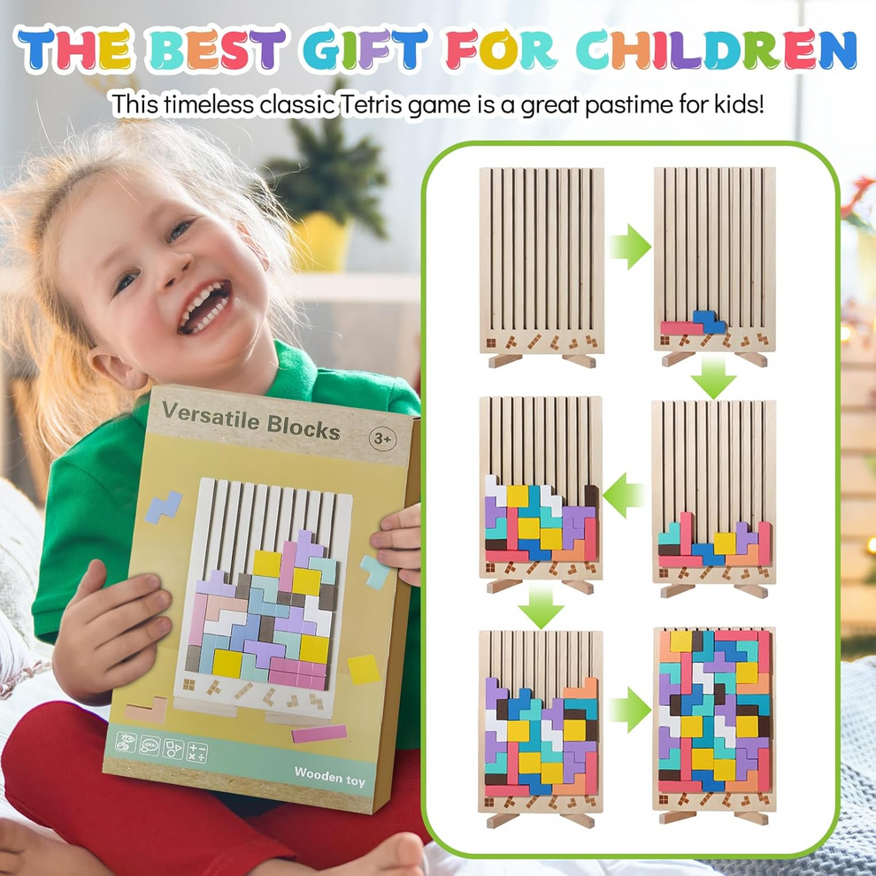 3D Wooden Tetris Puzzle Blocks Educational Colorful Set