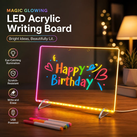 Magic Glowing LED Acrylic Writing Board- 7 Neon Markers – USB Light-Up