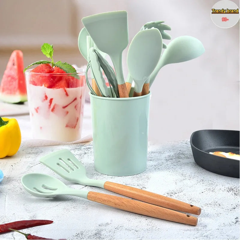 19pcs Green Silicone Cooking Utensils Set, Heat Resistant Kitchen